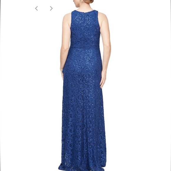 Nwot alex evening Long Sleeveless Lace Dress with Cascade Ruffle Front slit sz 8 - Picture 2 of 5